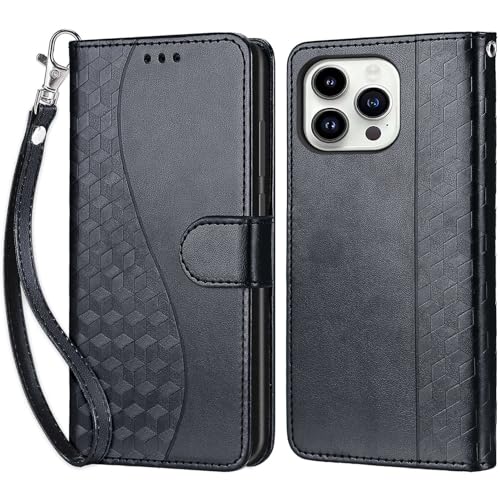 KENHONER Handyhülle für iPhone 14 Pro Hülle, iPhone 14 Pro Hülle, Premium Leder Flip Klappbare Stoßfeste Magnetische [Standfunktion] [Kartenfächern] Schutzhülle Tasche - 3D Schwarz von KENHONER