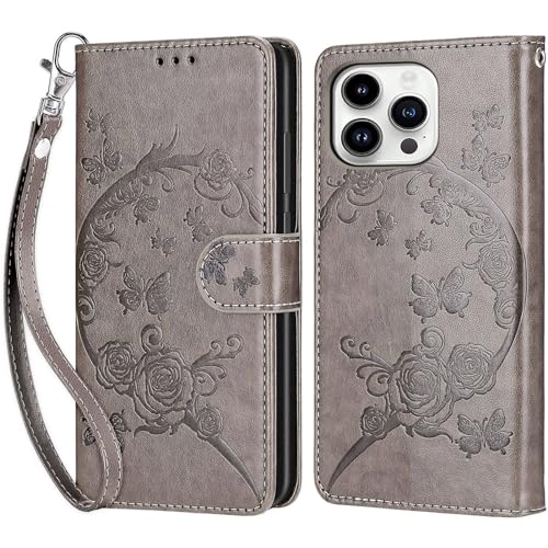 Handyhülle für iPhone 14 Pro Hülle, iPhone 14 Pro Hülle, Premium Leder Flip Klappbare Stoßfeste Magnetische [Standfunktion] [Kartenfächern] Schutzhülle Tasche - Grau Blumen von KENHONER