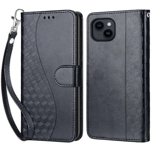 KENHONER Handyhülle für iPhone 15 Hülle, iPhone 15 Hülle, Premium Leder Flip Klappbare Stoßfeste Magnetische [Standfunktion] [Kartenfächern] Schutzhülle Tasche - 3D Schwarz von KENHONER