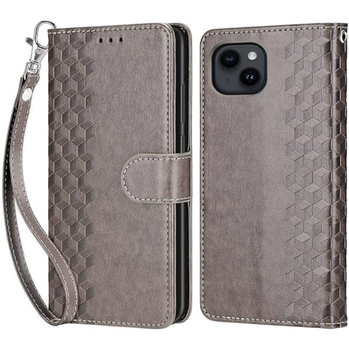 KENHONER Handyhülle für iPhone 15 Hülle, iPhone 15 Hülle, Premium Leder Flip Klappbare Stoßfeste Magnetische [Standfunktion] [Kartenfächern] Schutzhülle Tasche - Grau von KENHONER