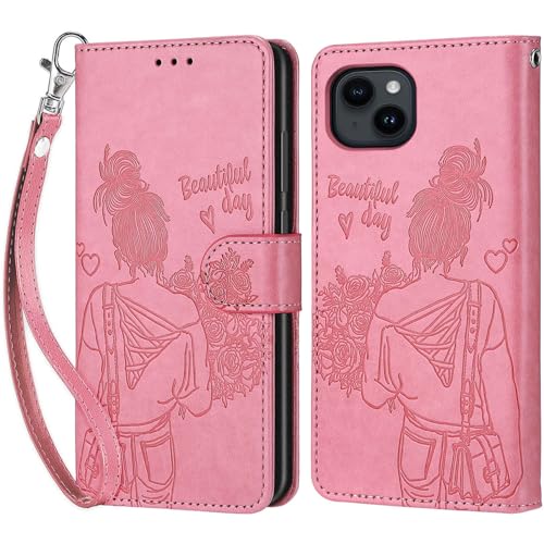 KENHONER Handyhülle für iPhone 15 Hülle, iPhone 15 Hülle, Premium Leder Flip Klappbare Stoßfeste Magnetische [Standfunktion] [Kartenfächern] Schutzhülle Tasche - Rosa Mädchen von KENHONER