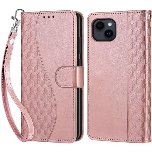 KENHONER Handyhülle für iPhone 15 Hülle, iPhone 15 Hülle, Premium Leder Flip Klappbare Stoßfeste Magnetische [Standfunktion] [Kartenfächern] Schutzhülle Tasche - Roségold von KENHONER