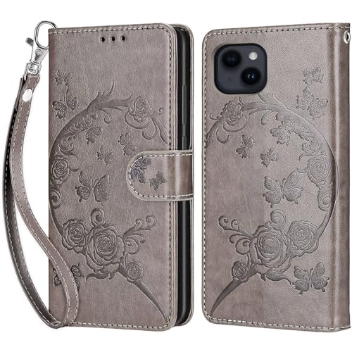 KENHONER Handyhülle für iPhone 15 Plus Hülle, iPhone 15 Plus Hülle, Premium Leder Flip Klappbare Stoßfeste Magnetische [Standfunktion] [Kartenfächern] Schutzhülle Tasche - Grau Blumen von KENHONER