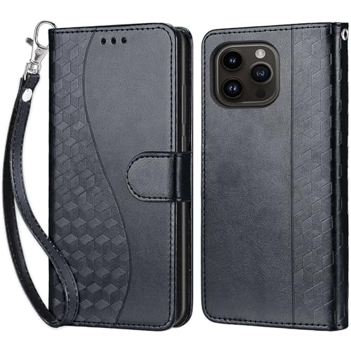 KENHONER Handyhülle für iPhone 15 Pro Hülle, iPhone 15 Pro Hülle, Premium Leder Flip Klappbare Stoßfeste Magnetische [Standfunktion] [Kartenfächern] Schutzhülle Tasche - 3D Schwarz von KENHONER