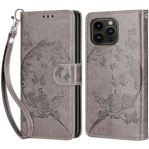 KENHONER Handyhülle für iPhone 15 Pro Hülle, iPhone 15 Pro Hülle, Premium Leder Flip Klappbare Stoßfeste Magnetische [Standfunktion] [Kartenfächern] Schutzhülle Tasche - Grau Blumen von KENHONER