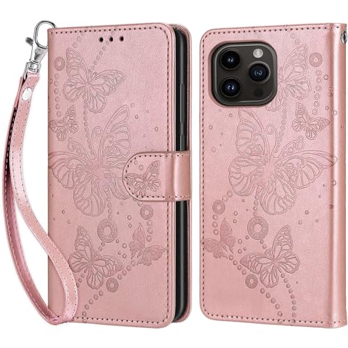 KENHONER Handyhülle für iPhone 15 Pro Hülle, iPhone 15 Pro Hülle, Premium Leder Flip Klappbare Stoßfeste Magnetische [Standfunktion] [Kartenfächern] Schutzhülle Tasche - Roségold Schmetterling von KENHONER