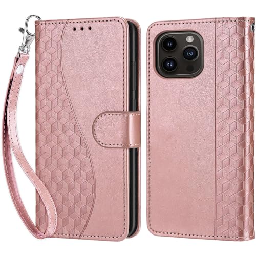 KENHONER Handyhülle für iPhone 15 Pro Hülle, iPhone 15 Pro Hülle, Premium Leder Flip Klappbare Stoßfeste Magnetische [Standfunktion] [Kartenfächern] Schutzhülle Tasche - Roségold von KENHONER
