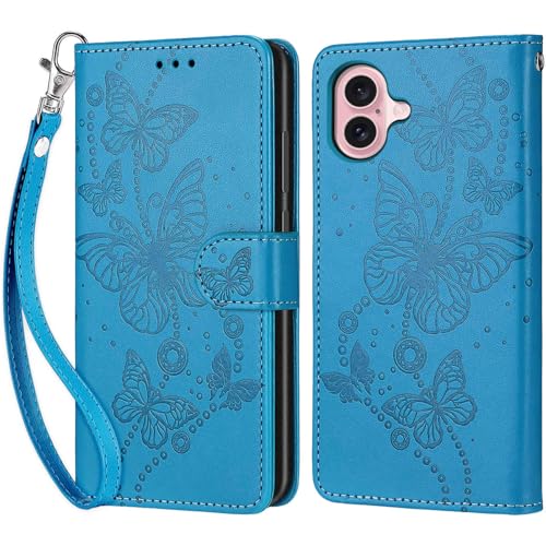 KENHONER Handyhülle für iPhone 16 Hülle, iPhone 16 Hülle, Premium Leder Flip Klappbare Stoßfeste Magnetische [Standfunktion] [Kartenfächern] Schutzhülle Tasche - Blau Schmetterling von KENHONER
