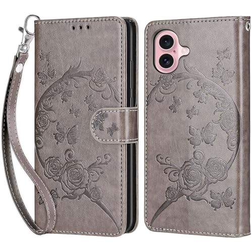 KENHONER Handyhülle für iPhone 16 Hülle, iPhone 16 Hülle, Premium Leder Flip Klappbare Stoßfeste Magnetische [Standfunktion] [Kartenfächern] Schutzhülle Tasche - Grau Blumen von KENHONER