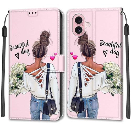 KENHONER Handyhülle für iPhone 16 Hülle, iPhone 16 Hülle, Premium Leder Flip Klappbare Stoßfeste Magnetische [Standfunktion] [Kartenfächern] Schutzhülle Tasche - Mädchen von KENHONER