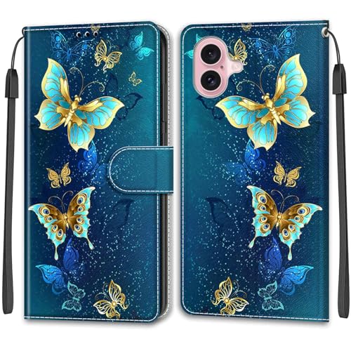 KENHONER Handyhülle für iPhone 16 Hülle, iPhone 16 Hülle, Premium Leder Flip Klappbare Stoßfeste Magnetische [Standfunktion] [Kartenfächern] Schutzhülle Tasche - Schmetterling von KENHONER