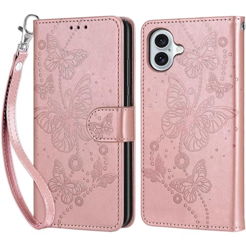 KENHONER Handyhülle für iPhone 16 Plus Hülle, iPhone 16 Plus Hülle, Premium Leder Flip Klappbare Stoßfeste Magnetische [Standfunktion] [Kartenfächern] Schutzhülle Tasche - Roségold Schmetterling von KENHONER