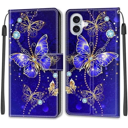 KENHONER Handyhülle für iPhone 16 Plus Hülle, iPhone 16 Plus Hüllen, Premium Leder Flip Klappbare Stoßfeste Magnetische [Standfunktion] [Kartenfächern] Schutzhülle Tasche - Schmetterling von KENHONER