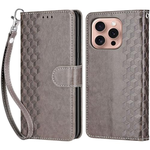 KENHONER Handyhülle für iPhone 16 Pro Hülle, iPhone 16 Pro Hülle, Premium Leder Flip Klappbare Stoßfeste Magnetische [Standfunktion] [Kartenfächern] Schutzhülle Tasche - Grau von KENHONER