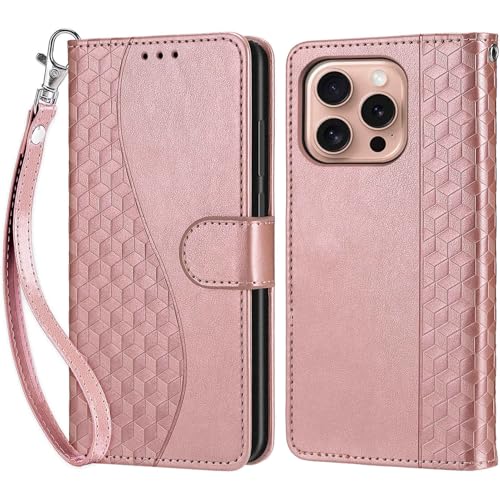KENHONER Handyhülle für iPhone 16 Pro Hülle, iPhone 16 Pro Hülle, Premium Leder Flip Klappbare Stoßfeste Magnetische [Standfunktion] [Kartenfächern] Schutzhülle Tasche - Roségold von KENHONER