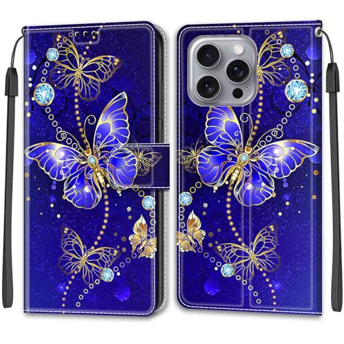 KENHONER Handyhülle für iPhone 16 Pro Max Hülle, iPhone 16 Pro Max Hülle, Premium Leder Flip Klappbare Stoßfeste Magnetische [Standfunktion] [Kartenfächern] Schutzhülle Tasche - Schmetterling von KENHONER