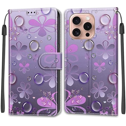 KENHONER Handyhülle für iPhone 16 Pro. Hülle, iPhone 16 Pro. Hülle, Premium Leder Flip Klappbare Stoßfeste Magnetische [Standfunktion] [Kartenfächern] Schutzhülle Tasche - Blumen von KENHONER