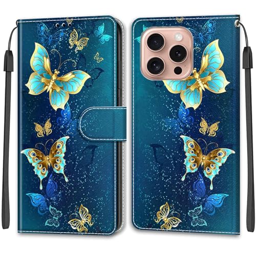 KENHONER Handyhülle für iPhone 16 Pro. Hülle, iPhone 16 Pro. Hülle, Premium Leder Flip Klappbare Stoßfeste Magnetische [Standfunktion] [Kartenfächern] Schutzhülle Tasche - Schmetterling von KENHONER