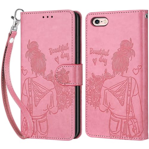 KENHONER Handyhülle für iPhone 6 / iPhone 6s, Premium Leder Flip Klappbare Stoßfeste Magnetische [Standfunktion] [Kartenfächer] Schutzhülle Tasche - Rosa Mädchen von KENHONER