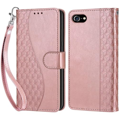 KENHONER Handyhülle für iPhone 7/8 / iPhone SE 2020 / iPhone SE 2022 Hülle, Premium Leder Flip Klappbare Stoßfeste Magnetische [Standfunktion] [Kartenfächern] Schutzhülle Tasche - Roségold von KENHONER