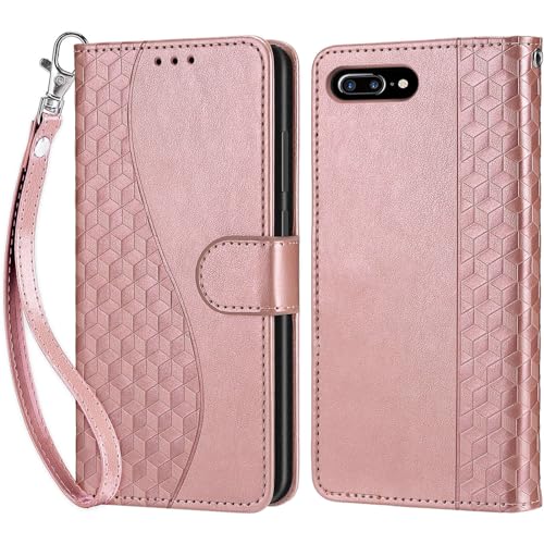 KENHONER Handyhülle für iPhone 7 Plus/iPhone 8 Plus Hülle, iPhone 7 Plus Hülle, Premium Leder Flip Klappbare Stoßfeste Magnetische [Standfunktion] [Kartenfächern] Schutzhülle Tasche - Roségold von KENHONER