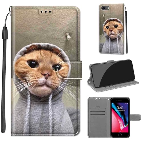KENHONER Premium Leder Flip Klappbare Stoßfeste Magnetische [Standfunktion] [Kartenfächern] Schutzhülle Tasche - Katze für iPhone SE 2022/SE 2020/iPhone 8/7 von KENHONER