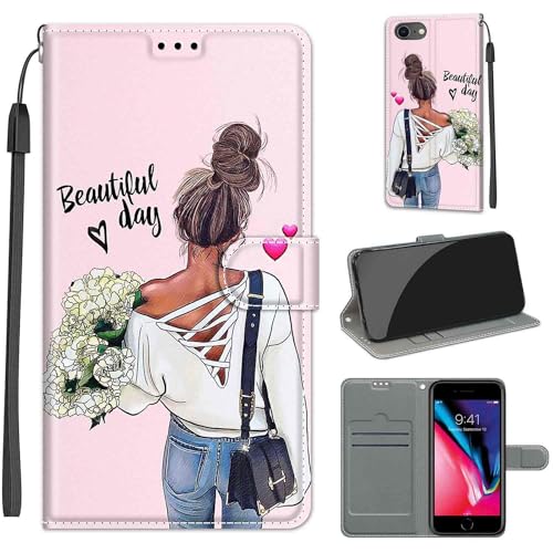 KENHONER Handyhülle für iPhone SE 2022 Hülle/SE 2020 Hülle, iPhone 8/7 Hülle, Premium Leder Flip Klappbare Stoßfeste Magnetische [Standfunktion] [Kartenfächern] Schutzhülle Tasche - Mädchen von KENHONER