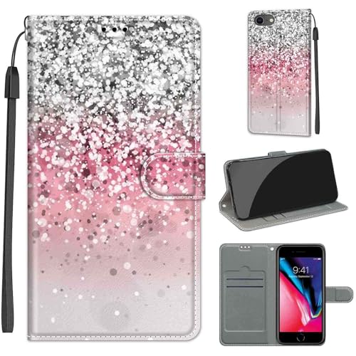 KENHONER Premium Leder Flip Klappbare Stoßfeste Magnetische [Standfunktion] [Kartenfächern] Schutzhülle Tasche für iPhone SE 2022/SE 2020/iPhone 8/7 - Rosa von KENHONER