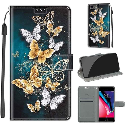 KENHONER Handyhülle für iPhone SE 2022 Hülle/SE 2020 Hülle, iPhone 8/7 Hülle, Premium Leder Flip Klappbare Stoßfeste Magnetische [Standfunktion] [Kartenfächern] Schutzhülle Tasche - Schmetterling von KENHONER