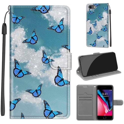 KENHONER Handyhülle für iPhone SE 2022/SE 2020/8/7, Premium Leder Flip Klappbare Stoßfeste Magnetische [Standfunktion] [Kartenfächern] Schutzhülle Tasche - Schmetterling von KENHONER