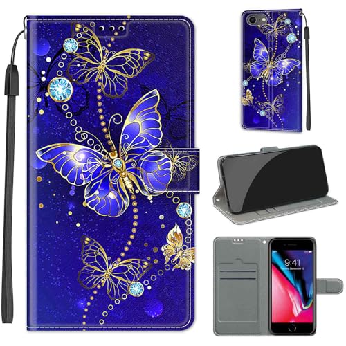 KENHONER iPhone SE 2022/SE 2020/8/7 Hülle, Premium Leder Flip Klappbare Stoßfeste Magnetische [Standfunktion] [Kartenfächer] Schutzhülle Tasche - Schmetterling von KENHONER