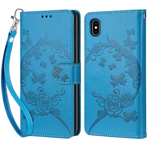 Handyhülle für iPhone X/iPhone XS Hülle, iPhone X Hülle, Premium Leder Flip Klappbare Stoßfeste Magnetische [Standfunktion] [Kartenfächern] Schutzhülle Tasche - Blau von KENHONER