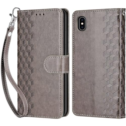 KENHONER Handyhülle für iPhone X/iPhone XS Hülle, iPhone X Hülle, Premium Leder Flip Klappbare Stoßfeste Magnetische [Standfunktion] [Kartenfächern] Schutzhülle Tasche - Grau von KENHONER