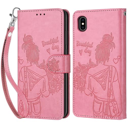 KENHONER Handyhülle für iPhone X/iPhone XS Hülle, iPhone X Hülle, Premium Leder Flip Klappbare Stoßfeste Magnetische [Standfunktion] [Kartenfächern] Schutzhülle Tasche - Rosa Mädchen von KENHONER