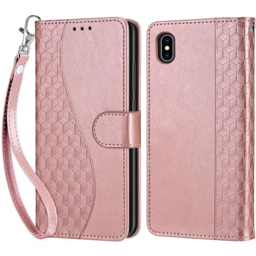 KENHONER Handyhülle für iPhone X/iPhone XS Hülle, iPhone X Hülle, Premium Leder Flip Klappbare Stoßfeste Magnetische [Standfunktion] [Kartenfächern] Schutzhülle Tasche - Roségold von KENHONER