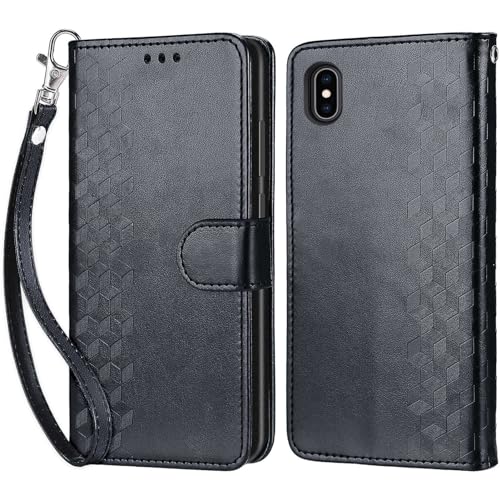 Handyhülle für iPhone X/iPhone XS Hülle, iPhone X Hülle, Premium Leder Flip Klappbare Stoßfeste Magnetische [Standfunktion] [Kartenfächern] Schutzhülle Tasche - Schwarz von KENHONER