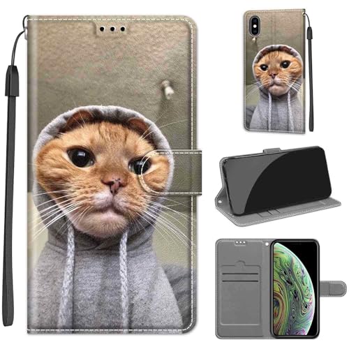 KENHONER Handyhülle für iPhone X Hülle, iPhone XS Hülle, Premium Leder Flip Klappbare Stoßfeste Magnetische [Standfunktion] [Kartenfächern] Schutzhülle Tasche - Katze von KENHONER