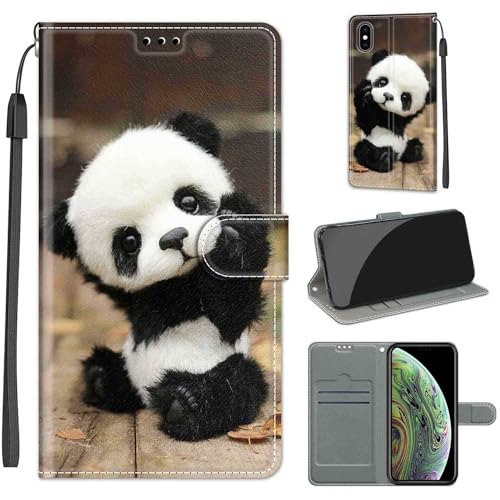 KENHONER Handyhülle für iPhone X Hülle, iPhone XS Hülle, Premium Leder Flip Klappbare Stoßfeste Magnetische [Standfunktion] [Kartenfächern] Schutzhülle Tasche - Panda von KENHONER