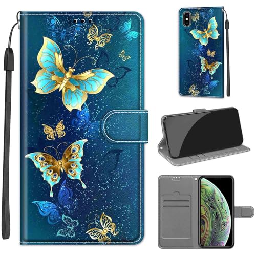 KENHONER Handyhülle für iPhone X Hülle, iPhone XS Hülle, Premium Leder Flip Klappbare Stoßfeste Magnetische [Standfunktion] [Kartenfächern] Schutzhülle Tasche - Schmetterling von KENHONER