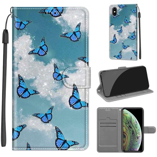 KENHONER Handyhülle für iPhone X Hülle, iPhone XS Hülle, Premium Leder Flip Klappbare Stoßfeste Magnetische [Standfunktion] [Kartenfächern] Schutzhülle Tasche - Schmetterling von KENHONER