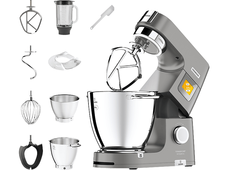 KENWOOD Titanium Chef Patissier XL KWL90.124SI mit Innenbeleuchtung, Waage, Wärmefunktion und viel Zubehör Küchenmaschine Silber (Rührschüsselkapazität: 7 l, 1400 Watt) von KENWOOD
