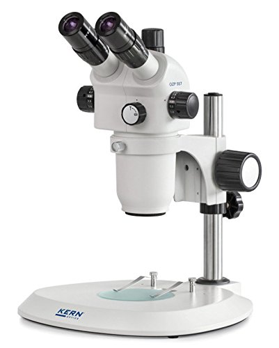 Stereo-Zoom Mikroskop [Kern OZP 557] Das Hochwertige für flexible und professionelle Anwender, Tubus: Trinokular, Okular: HSWF 10x Ø23 mm, Sehfeld: Ø38,3-4,2 mm, Objektiv: 0,6x - 5,5x, Ständer: Säule von KERN