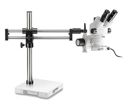 KERN Optics Stereomikroskop-Set mit Grobtriebsknopf Einstellbares Drehmoment der Handräder, Kugelgelagerter Doppelteleskoparm mit Platte, Trinokular Tubus, 0.7x - 4.5x Objektiv, 4.5W-LED-Ringlicht von KERN