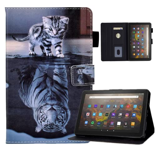 KEROM Hülle für Fire HD 10 und Fire HD 10 Plus Tablet (11. Generation, 2021) - Premium PU Leder Stand Case Schutzhülle mit Auto Schlaf/Wach Funktion, Katze Tiger von KEROM