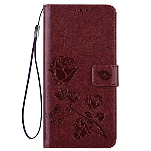 KERUN Hülle für Samsung Galaxy A12/M12 Flip Lederhülle, 3D Rose Geprägte Prägung Handyhülle, Premium Leder Brieftasche Handytasche Schutzhülle mit Kartenfach Standfunktion. Braun von KERUN