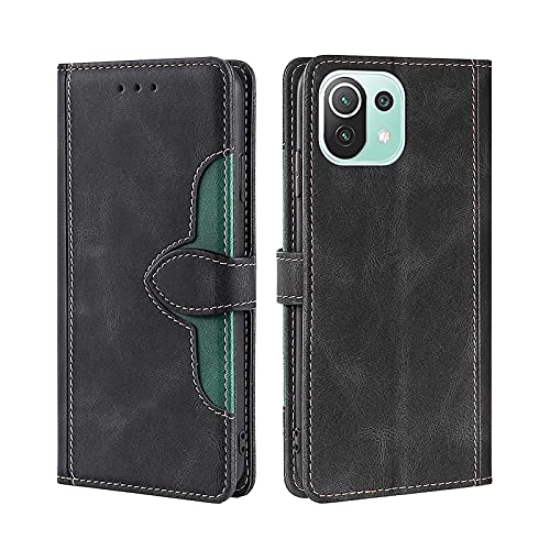 KERUN Hülle für Xiaomi Mi 11 Lite 4G/5G, Leder Flip Klappbar Lederhülle, TPU Folio Flip Wallet Cover Stand [Kartenslots] Schutzhülle Case für Xiaomi Mi 11 Lite 4G/5G. Schwarz von KERUN