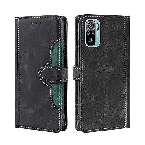 KERUN Hülle für Xiaomi Redmi Note 10 4G | 10S, Leder Flip Klappbar Lederhülle, TPU Folio Flip Wallet Cover Stand [Kartenslots] Schutzhülle Case für Xiaomi Redmi Note 10 4G | 10S. Schwarz von KERUN