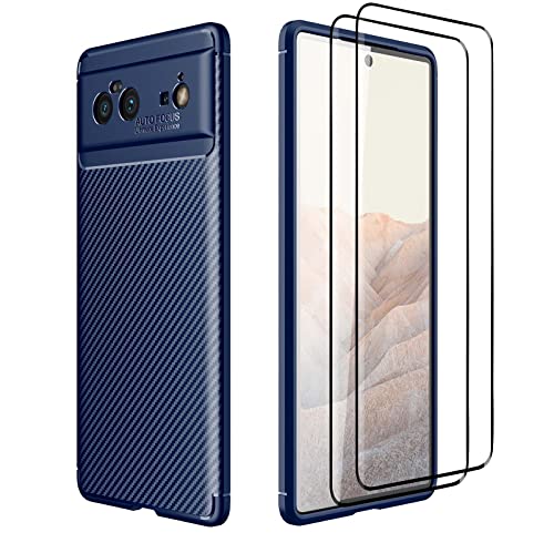 KERUN Ultra Slim Hülle für Google Pixel 6 + 2 Panzerglas, Carbon Fiber Silikon Dünn Stoßfest Stossfest TPU Handyhülle, Schutzhülle Flexibles Bumper Cover Case - Blau von KERUN