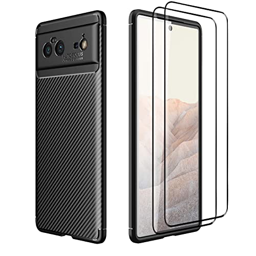 KERUN Ultra Slim Hülle für Google Pixel 6 + 2 Panzerglas, Carbon Fiber Silikon Dünn Stoßfest Stossfest TPU Handyhülle, Schutzhülle Flexibles Bumper Cover Case - Schwarz von KERUN