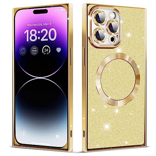 KERZZIL Girly Magnetische rechteckige Kanten Kompatibel mit iPhone 13 Pro Max Hülle [Kompatibel mit MagSafe] Cute Bling Glitzer Cover Fallschutz Anti-Kratzer Stoßfest - Gold von KERZZIL
